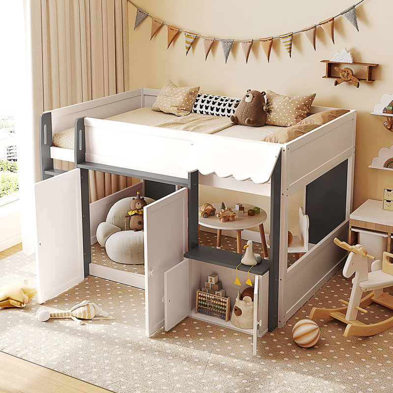 Lit mezzanine double avec maisonnette et rangement, Gris