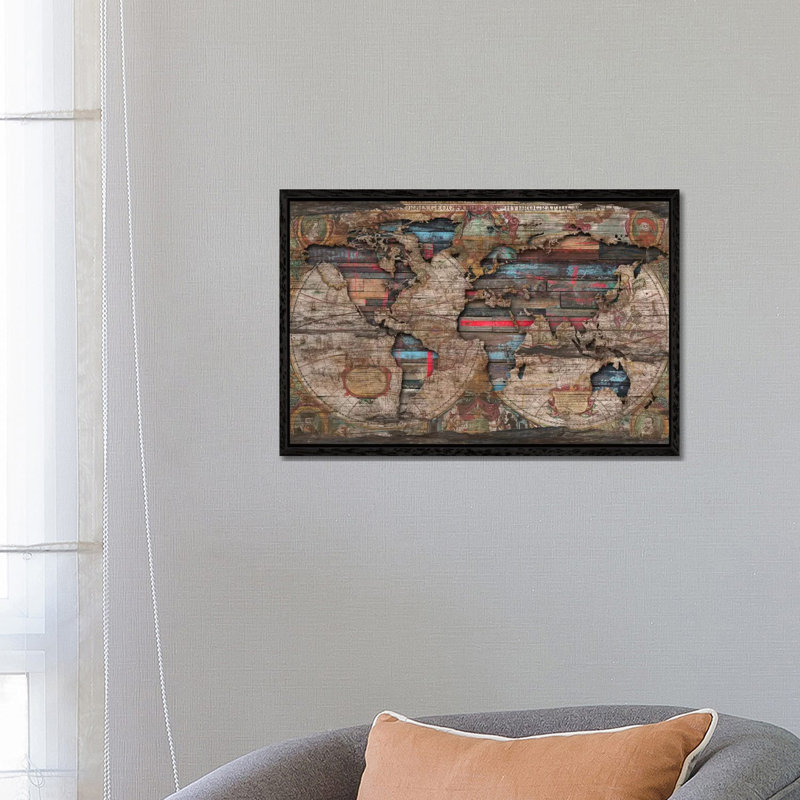 Distressed World Map by Diego Tirigall - Print on Canvas, 66.04 cm H x 45.72 cm W, Black Framed