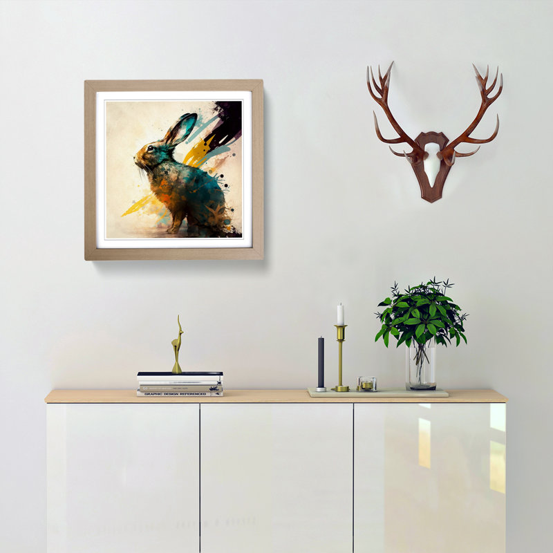 Rabbit Abstract Expressionism - Single Picture Frame Print on Wood, Oak