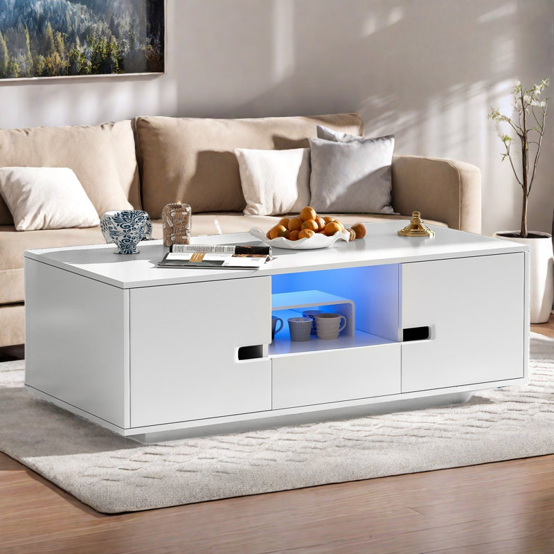Modern High Glossy Rectangle Coffee Table With 2 Cabinets, One Drawer, 16 Colour Led Lights And A Open Shelf, White