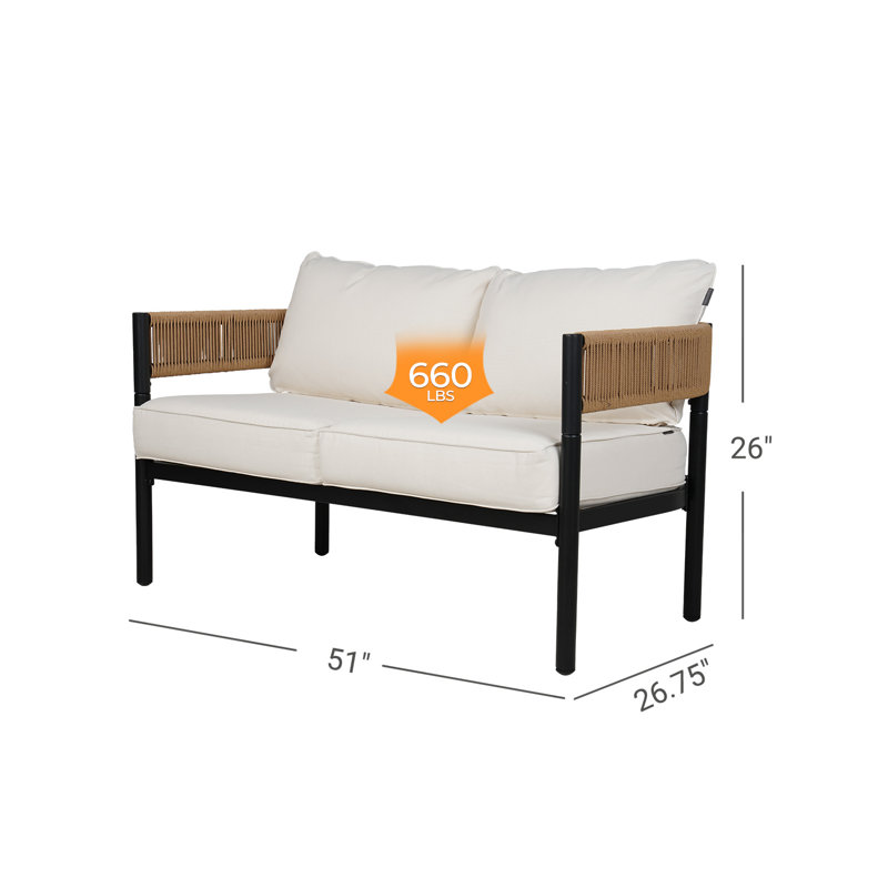 Causeuse d'extérieur en osier Maine Défino, Coussin blanc / accoudoir naturel