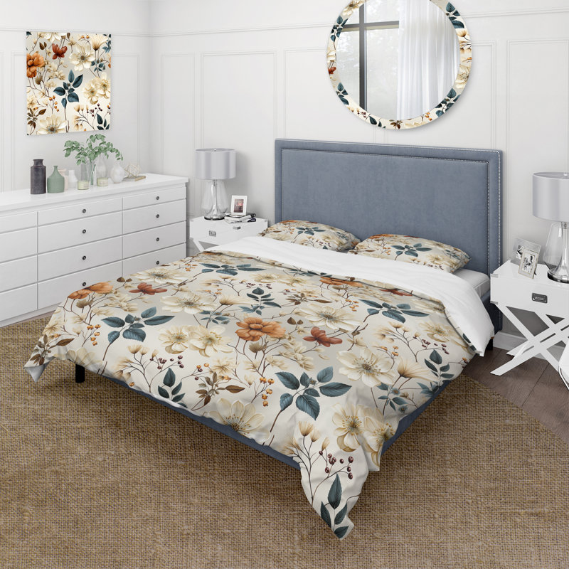 Ensemble de housse de couette à motif floral d'automne orange et blanc, Housse de couette simple + 1 taie décorative stan