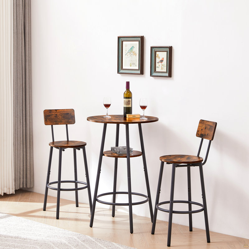 Round Bar Stool Set With Shelves, Stool With Backrest Rustic Brown, 23.6'' Dia X 35.4'' H