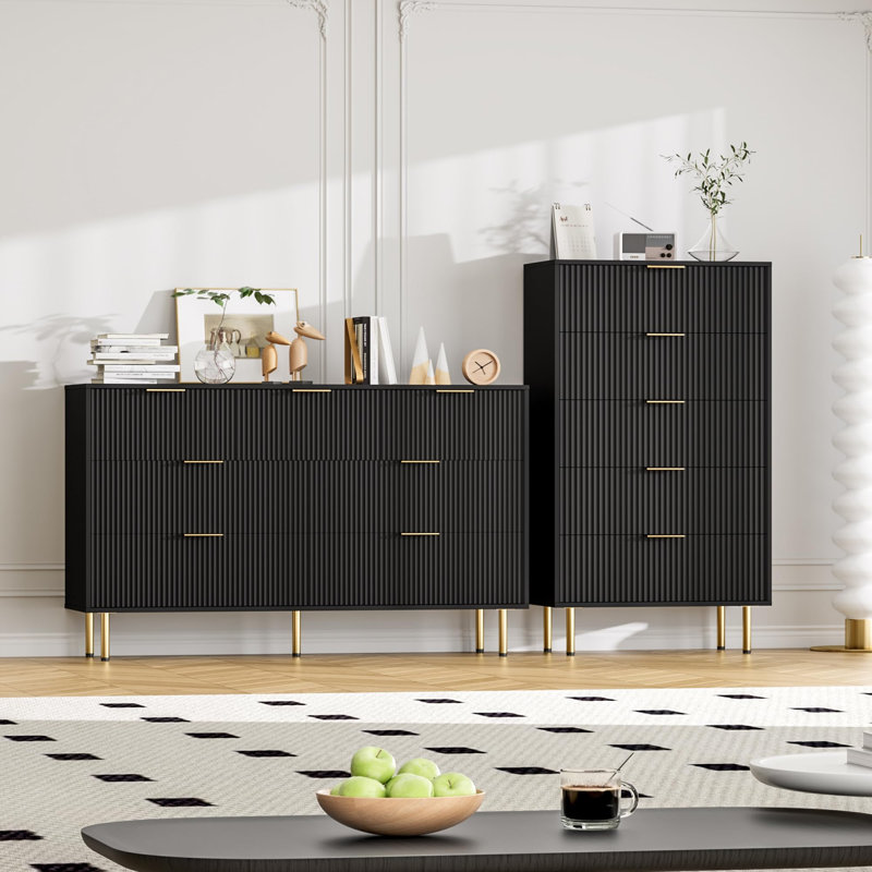 5 Drawer Fluted Dresser for Bedroom, Modern Wood Chest of Drawers with Handles for Closet Storage, Brown