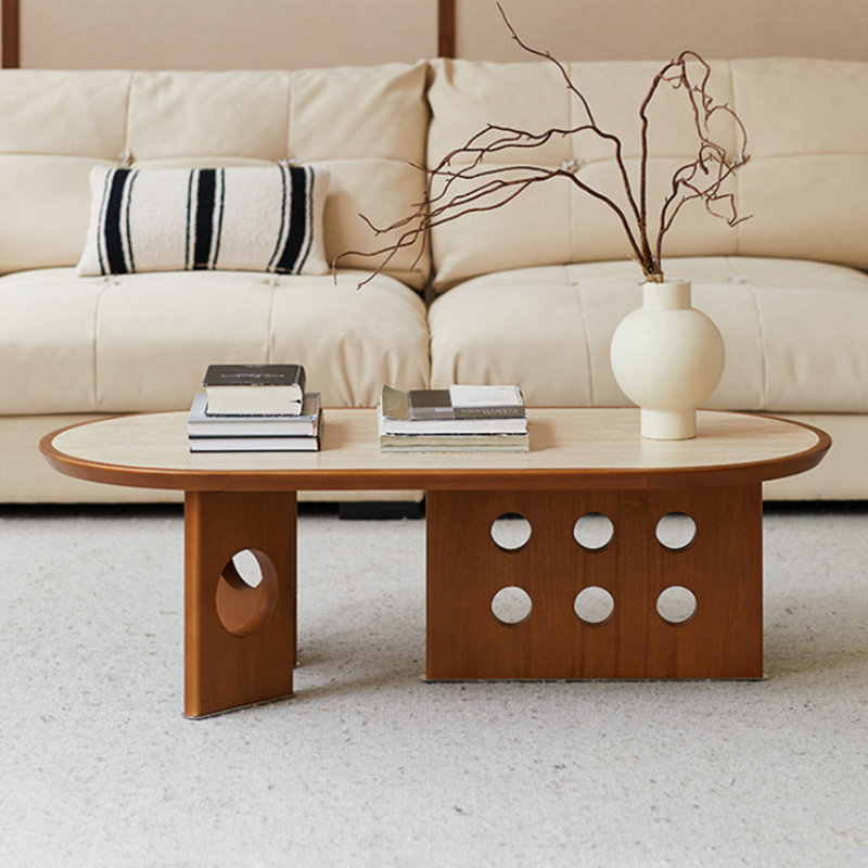 Table basse ovale en noyer fritté + bois manufacturé