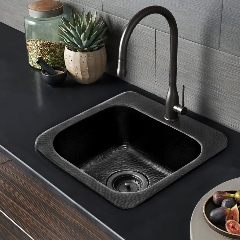 Hand Hammered Baxter Drop-In Single Bowl Bar Prep Sink 15", Matte Black