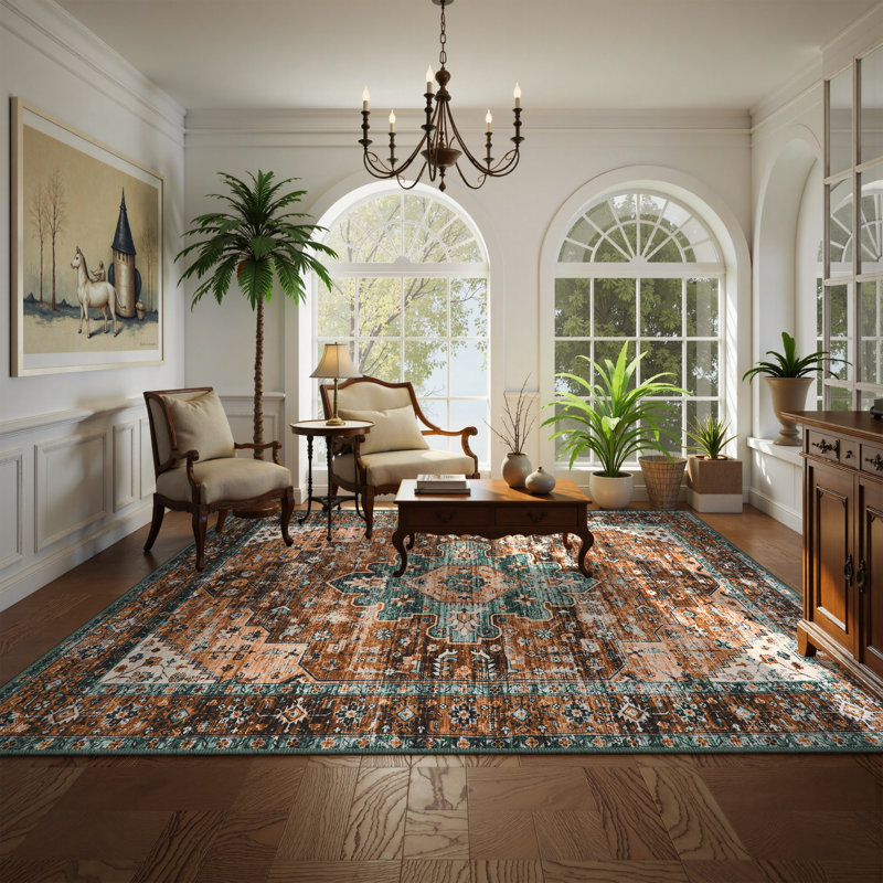 Govan Ultra-Thin Washable Vintage Area Rug Dining Room Rug for Bedroom, Non-Shed Living Room Mat, Indoor Oriental Medallion Hardwood Floor Carpet for Office Home Decor