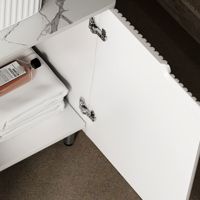 Meuble-lavabo de 30 po avec lavabo rectangulaire en céramique blanche, rangement autoportant à 2 portes, comptoir, conception à rayures françaises, amortisseur à fermeture en douceur, portes et lavabo, armoire de style romantique, grand rangement