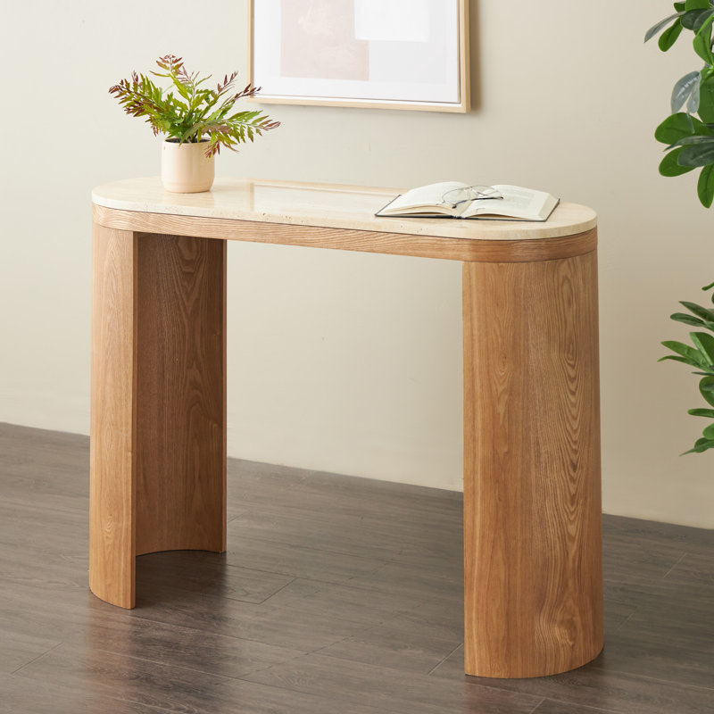 Cole And Grey Wood Curved Support Console Table With Beige Oval Marble Tabletop