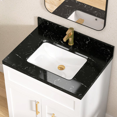 36'' W X 22'' D Engineered Stone Drop-in Vanity Top Matte Black Single Sink Countertop Undermount Ceramic Center Drain Sink with 4 In. H Backsplash & Single Pre-drilled Faucet Hole