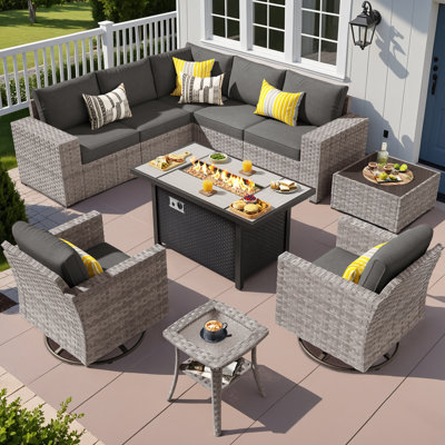 Ensemble de conversation pour 7 personnes avec chaise berçante pivotante, ensemble de conversation modulaire en rotin et osier avec coussins, ensemble de conversation pour canapé toutes saisons avec foyer pour table de jardin	