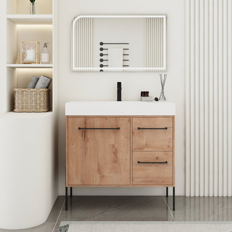 Meuble-lavabo autoportant de 36 po avec 2 tiroirs, lavabo en résine blanche et armoire à fermeture en douceur - Ajoutez une touche moderne à votre porte de lavabo de salle de bain.