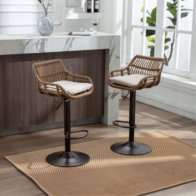 Modern Swivel Bar Stools Set Of 2 Adjustable Counter Height Chairs With Footrest For Kitchen, Dining Room (Beige)