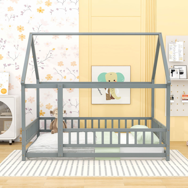 Wooden House Roof Floor Bed With Fence Design, Gray, Full