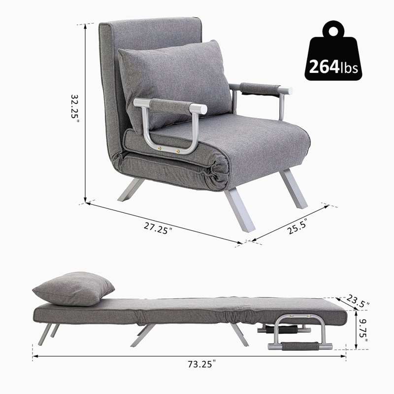 Canapé-lit pliant convertible à 5 positions pour une personne avec méridienne et coussin en acier
