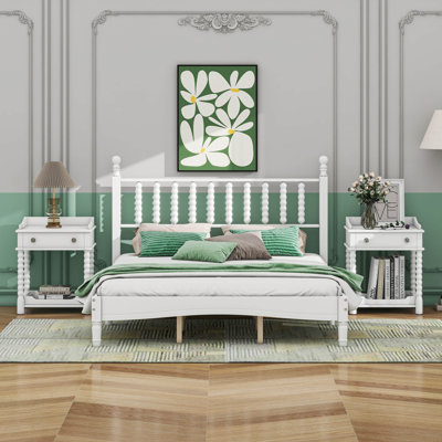 Ensemble de chambre à coucher de style rétro avec 4 pièces, grand lit plateforme avec tête de lit en forme de gourde, table de chevet et banc