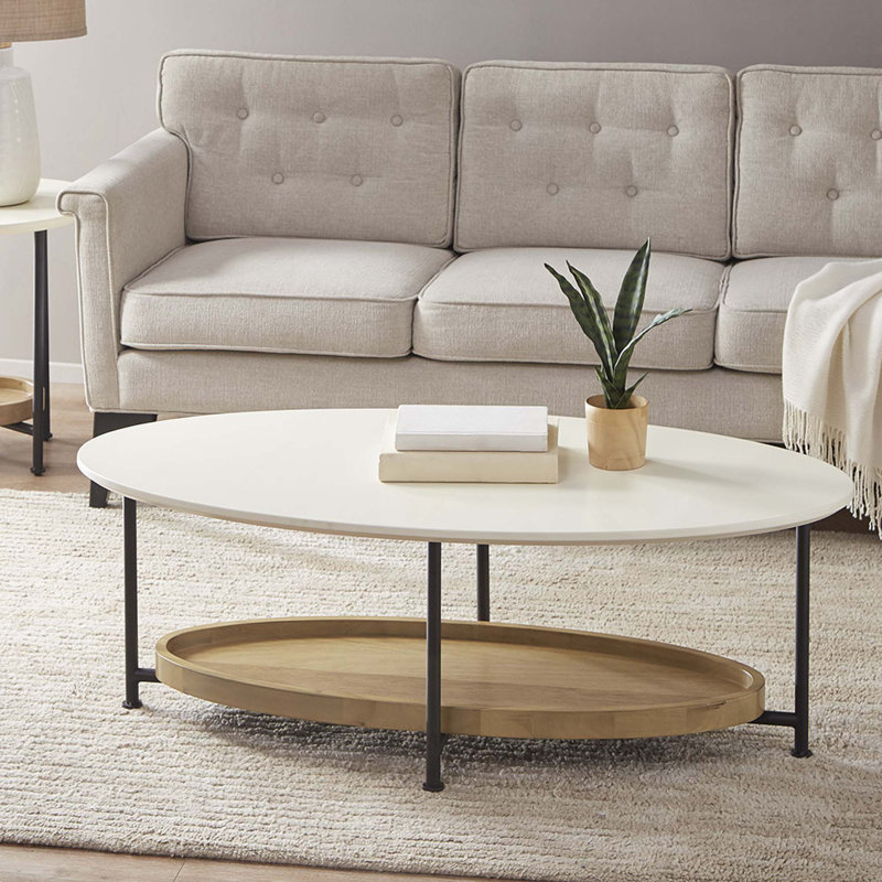 Table basse moderne en bois à 2 niveaux avec tablette, H 16,5 po x l 24 po x P 48 po, Blanc/Noir