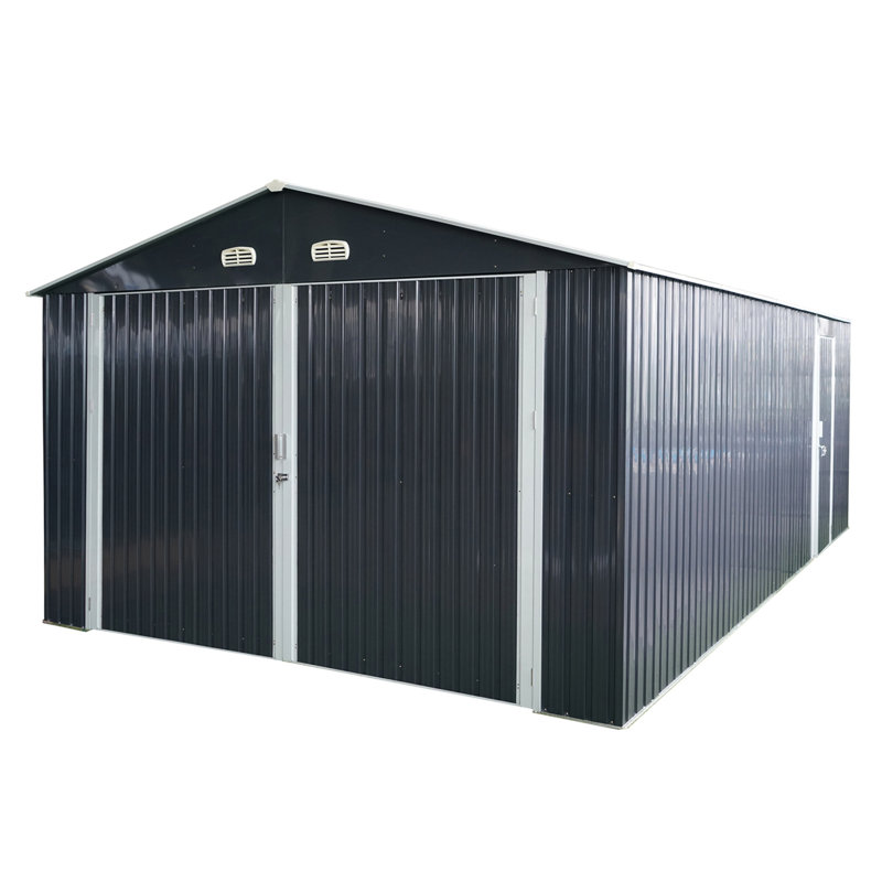 Garage extérieur en métal 20 x 13 pi - bien ventilé pour les véhicules et les outils, remise de jardin spacieuse noire, 4 évents,