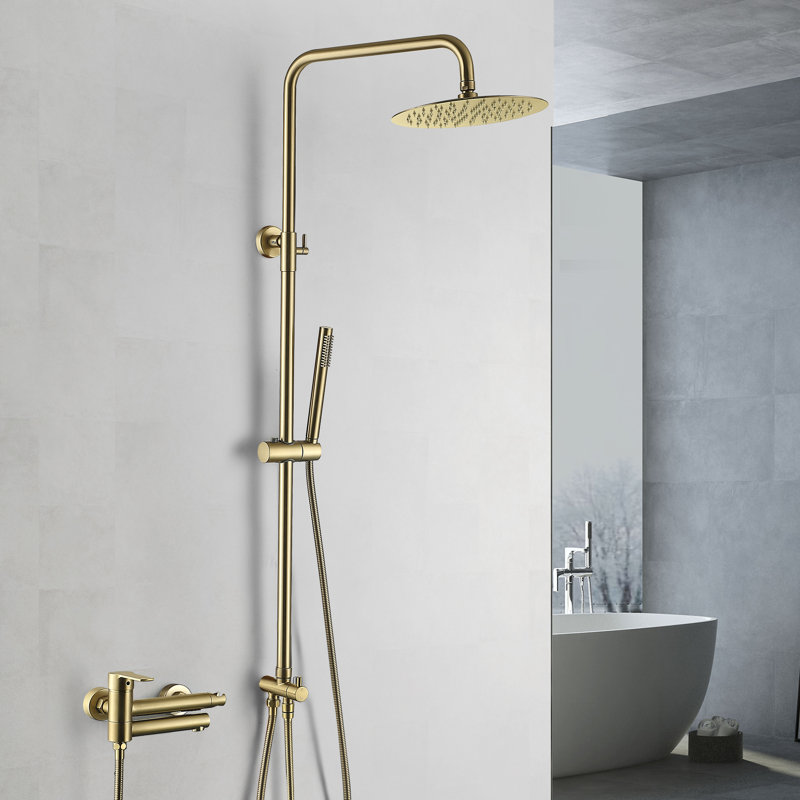 Adjustable Height 33.46-47.24” Complete Shower System, Solid Brass Shower Faucet Set with Tub Spout, Brushed Gold