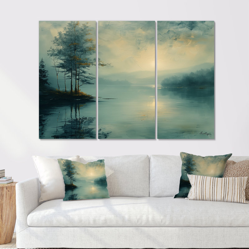 Brouillard d'hiver, paysage de lac romantique, ensemble de salon Wall Art, H 28 po x l 36 po x P 1 po