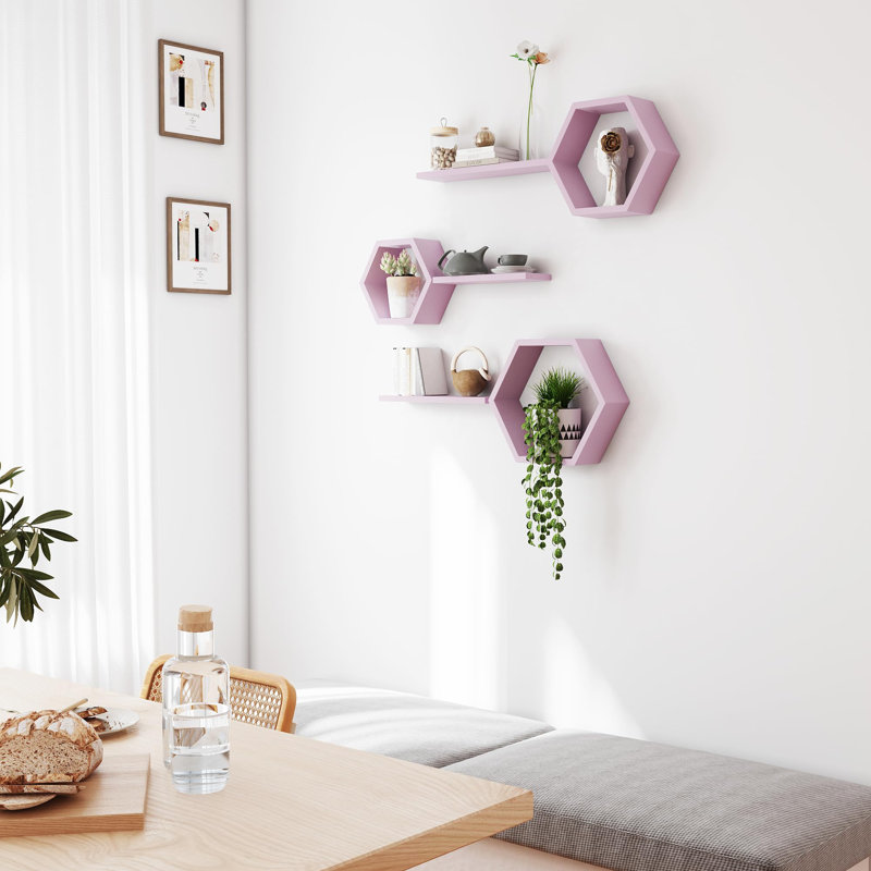 Wooden Hexagon Floating Shelves Wall Mounted Set Of 6 Pine Display For Photos Plants Rustic Living Room Bedroom