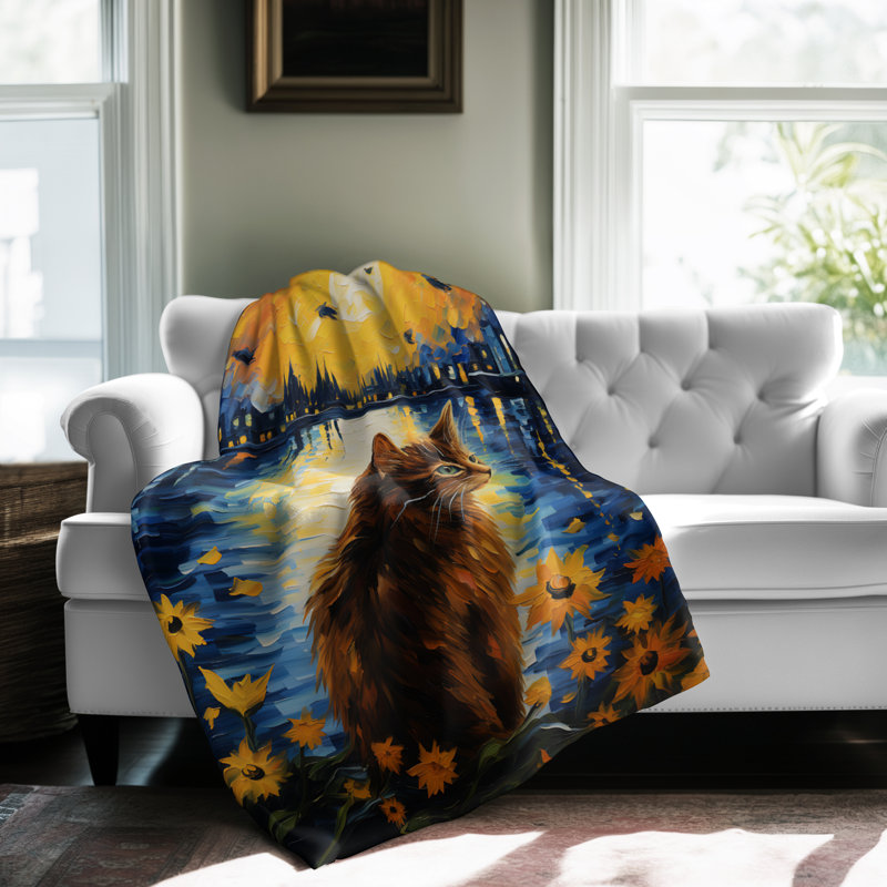 «Whiskered Sunflower Dreams» - couverture en sherpa de qualité supérieure 1 pièce - reproduction d'art luxueuse, Lit simple