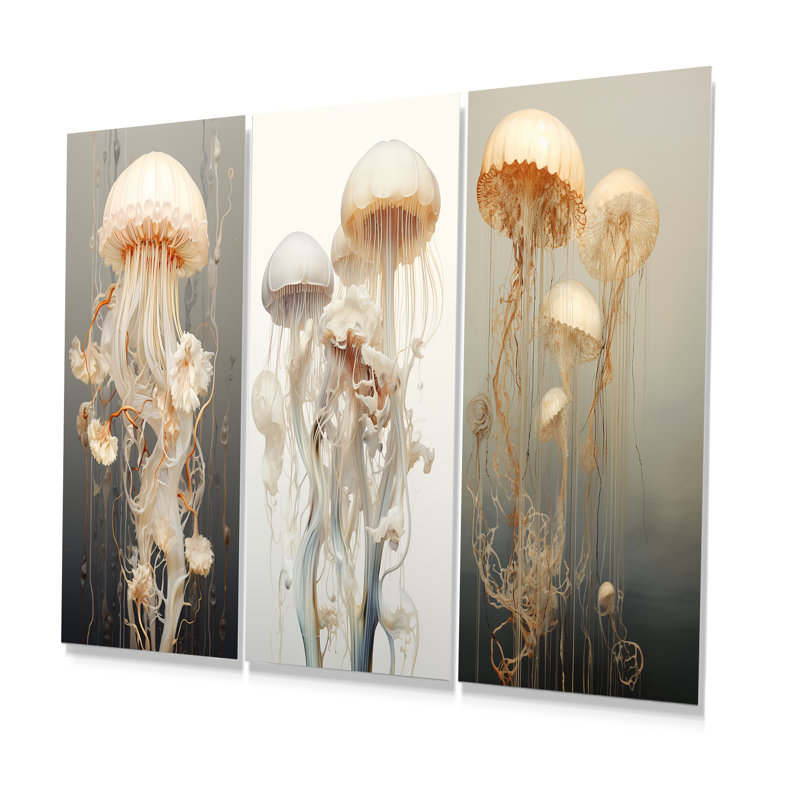 Minimalisme Jellyfish Wonders - ensemble de 3 décorations murales en métal méduse, H 32 po x l 48 po