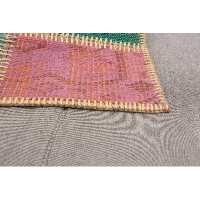 Tapis unique en laine noué à la main bleu sarcelle / beige des années 2010 de 4 pi 11 po x 6 pi 6 po Aspelare