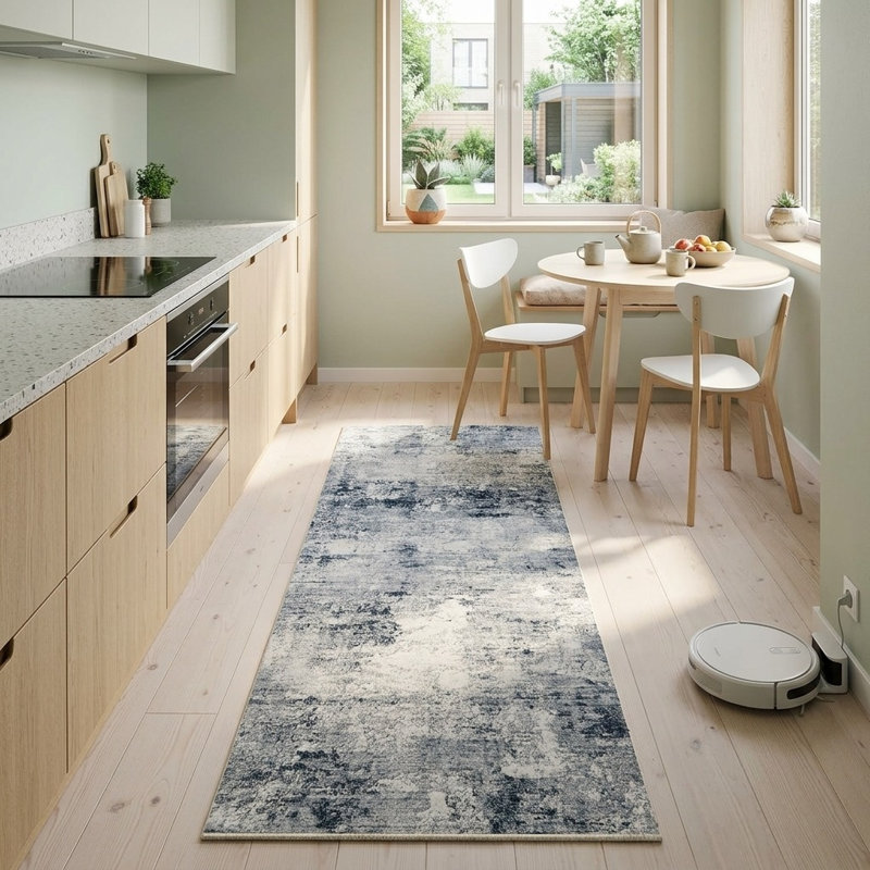Tapis de couloir de cuisine Boho, Floral gris / bleu