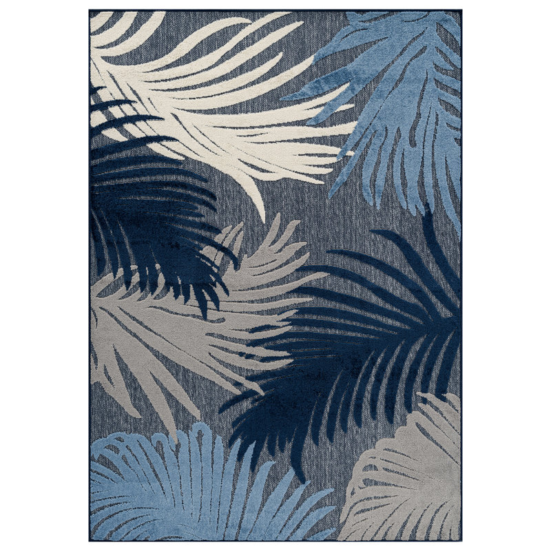 Floral Navy/Ivory Indoor/Outdoor High-Low Area Rug, Rectangle 4' x 6', Dark Blue
