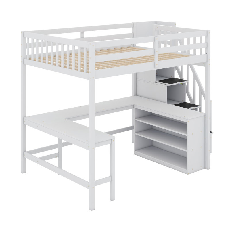 Lit mezzanine avec bureau intégré en forme de L et tablettes de rangement à trois niveaux, et escalier de rangement attaché