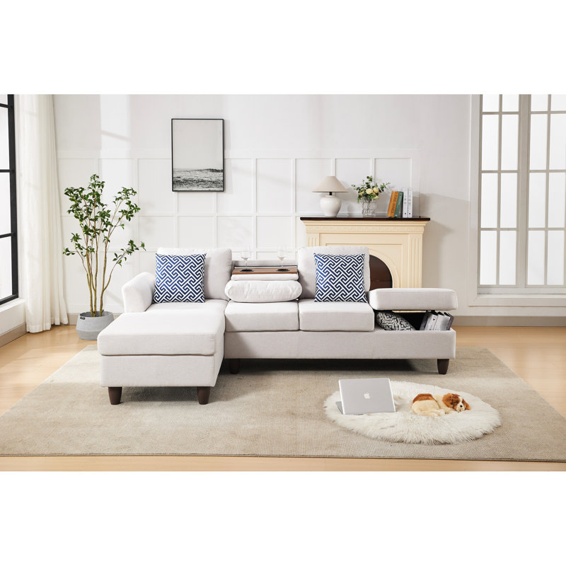 4 - Seat Reconfigurable With Hidden Compartments And Matching Accent Pillows, Beige Linen Upholstery, Foam Filler, 97 Inch Product Depth, 57 Width, 34 Height For Modern Living Settings Modular