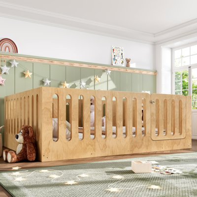 Floor Bed with High Fence for Kids, Solid Wood Kids Montessori Bed with Door