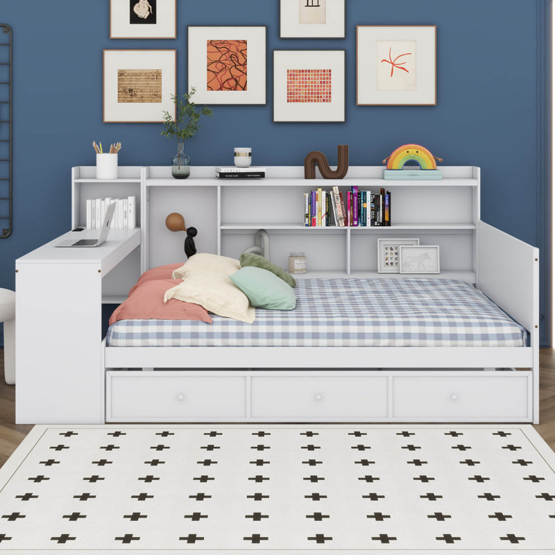 Full Size Daybed With Storage Shelves, Headboard And Desk, Wooden Platform Bed With 3 Drawers And USB Ports, White