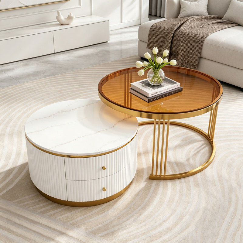 Table basse gigogne ronde moderne en 2 parties avec tiroirs, Brun, blanc