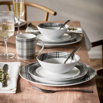 Waterside 16pc Porcelain Grey Tartan Dinner Set