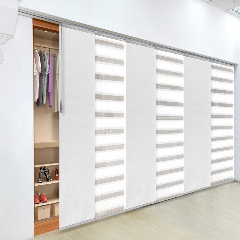 6-Panel Single Rail Panel Track Extendable 98"-130"W x 94"H, Panel width 23.5", Macadamia, Chiffon