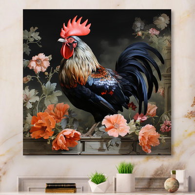 Art mural coq rétro dans un jardin de fleurs