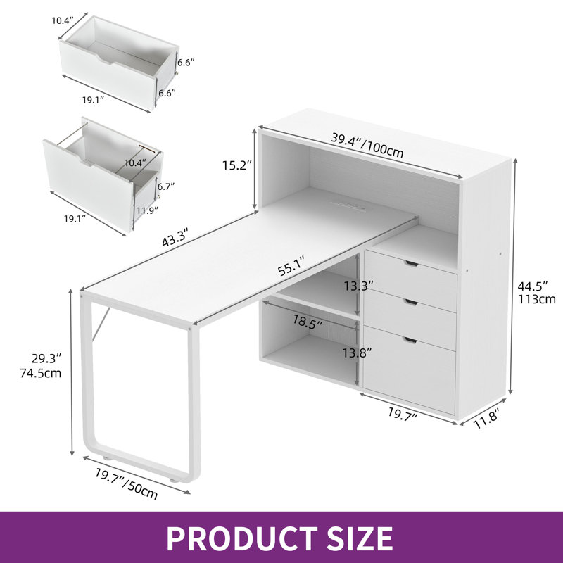 Broly 55.1'' L-Shape Computer Desk with Colorful LED Light and Built-In Outlets, White