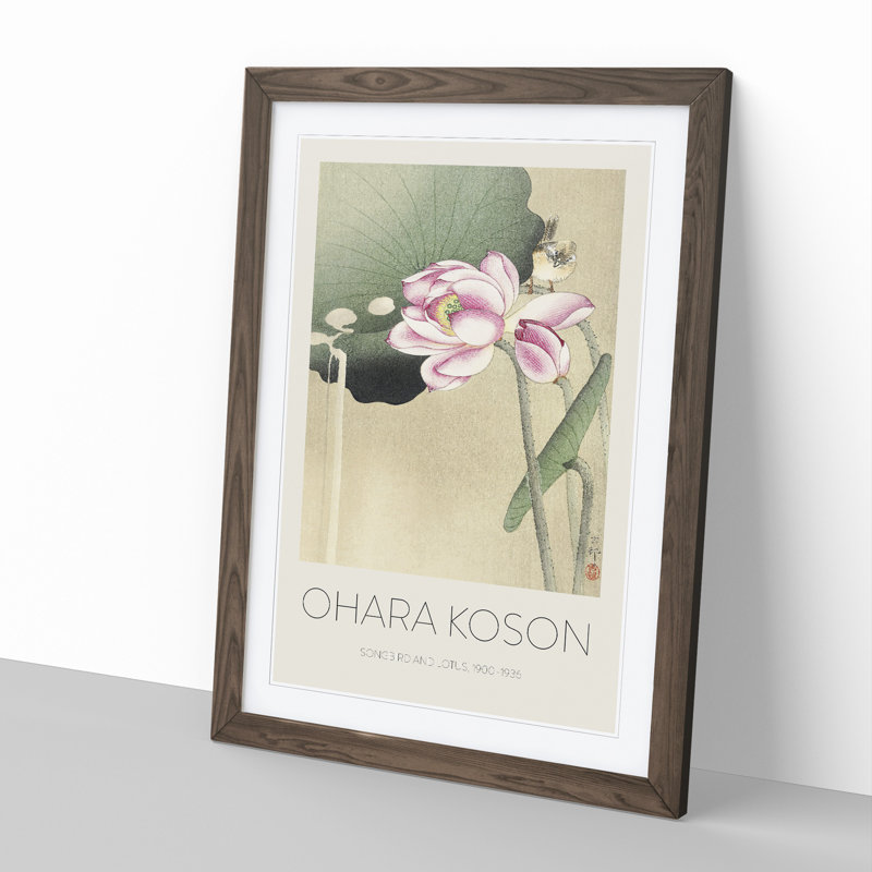Songbird and Lotus - Picture Frame Painting, 48cm H x 36cm W x 2cm D, Walnut
