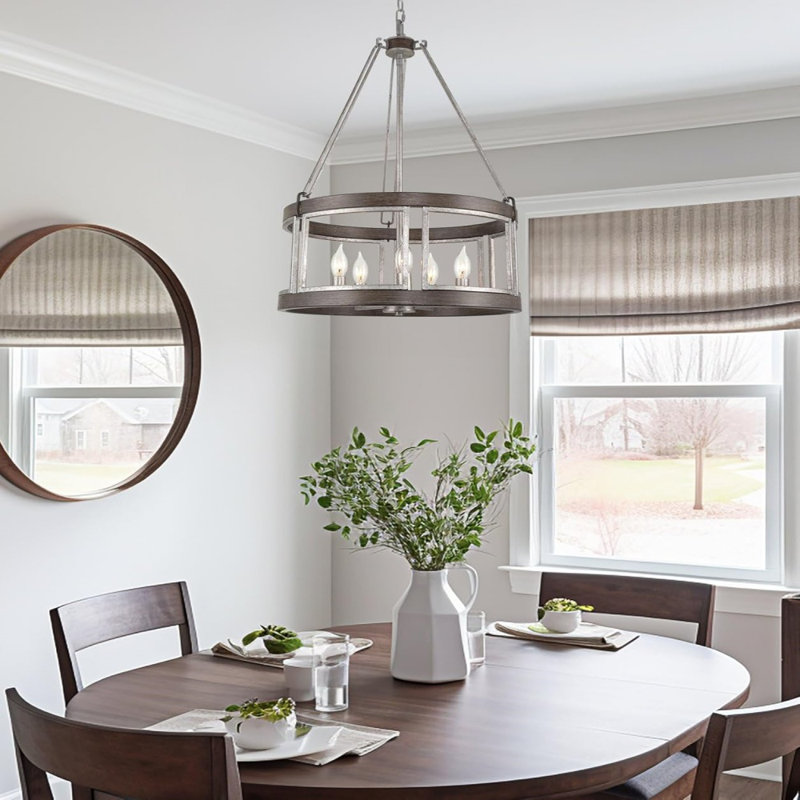 29" 5-Light Modern Farmhouse Drum Pendant Chandelier, Adjustable Height, Walnut Wood Style + Galvanized Steel Finish
