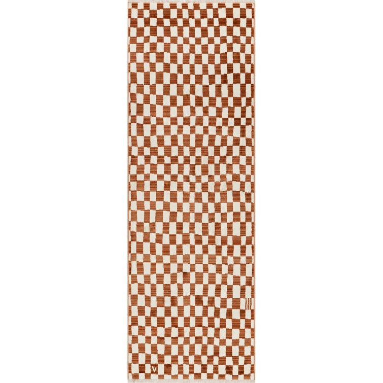 Dominique Abstract Checkered Fringe Area Rug