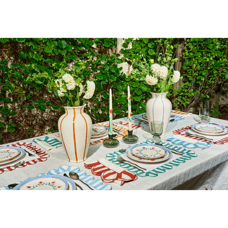 Jardin Embroidered Linen Scalloped Stripe Napkins, Amber/White
