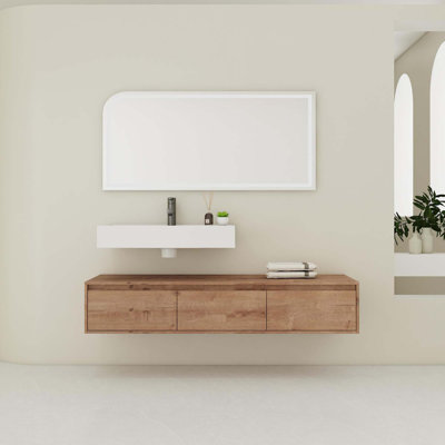 Meuble-lavabo mural de 60 po avec lavabo en résine, tiroir à fermeture en douceur et fixation flottante