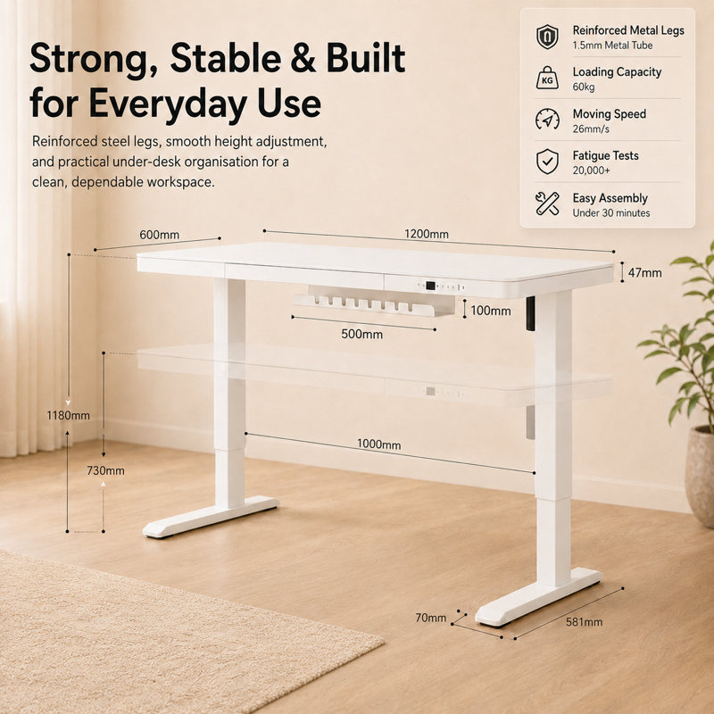 Adjustable Height Glass Steel Desk, 140 x 60 cm