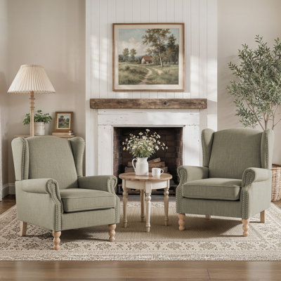 Farmhouse 30.9" Extra Wide Upholstered Wingback Armchair with Solid Wood Legs For Living Room Bedroom Study And Corner(Set of 2)