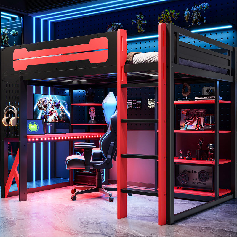 Lit mezzanine pleine grandeur avec bureau, étagères et station de recharge, en noir et rouge, pour une chambre confortable et bien organisée.