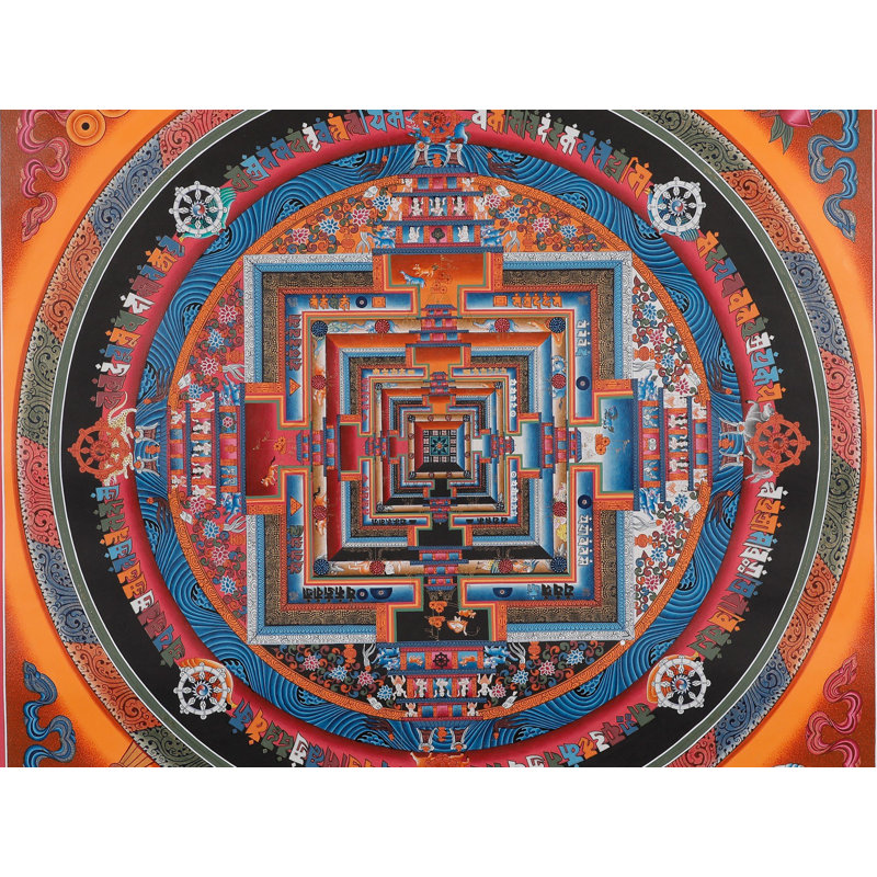 Mandala de Kalachakra peint à la main «roue du temps», art mural carré 24 po avec détails or 24 carats