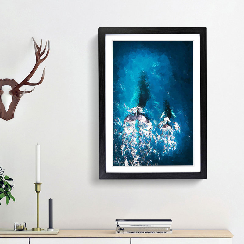 Mother and Calf Humpback Whale in Abstract - Picture Frame Graphic Art Print, 48cm H x 36cm W x 2cm D, Black Framed