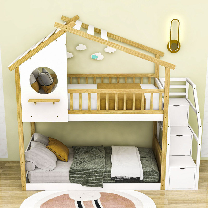 Mcgreevy Twin Over Twin House Bunk Bed with Storage, White